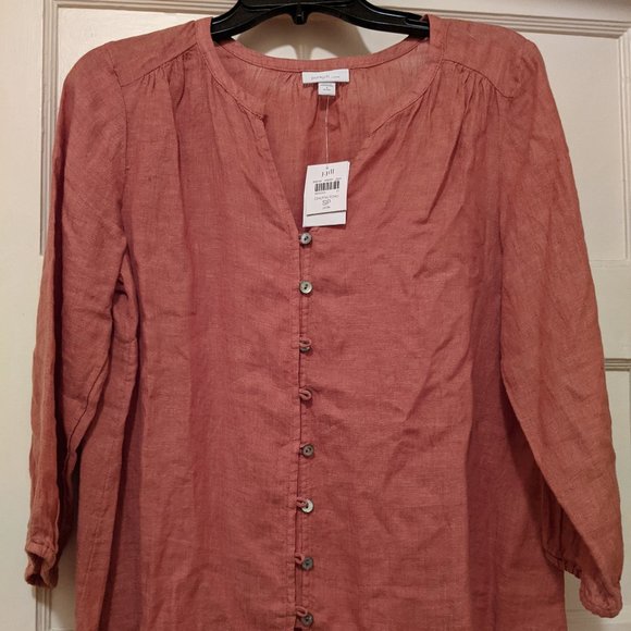 J. Jill Easy Button Front Tunic Shirt Pink Linen Blouse Petite Small - Picture 1 of 2